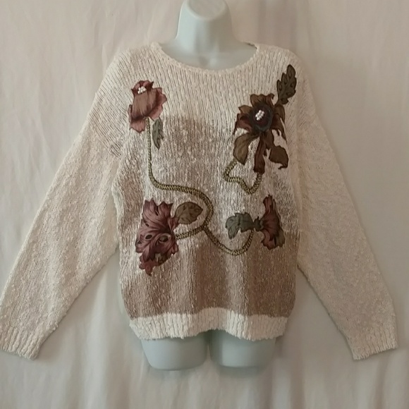 VTG 80s Floral Applique Boucle Sweater M - EUC - Picture 2 of 8